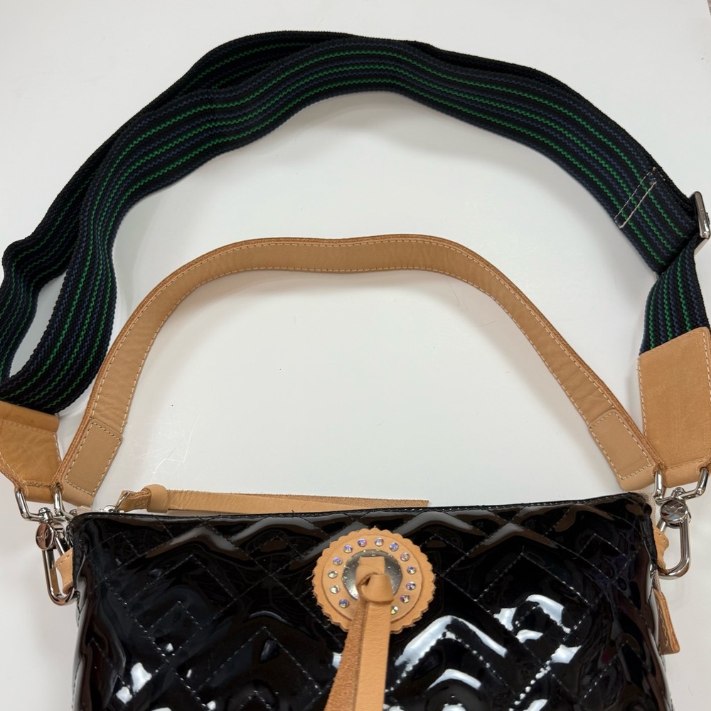 Consuela Black Patent Quilted Bucket Bag with Beige Trim - Picture 3 of 12
